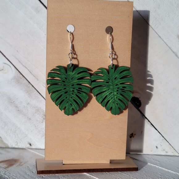 Green Monstera Leaf Earrings - Picture 1 of 1